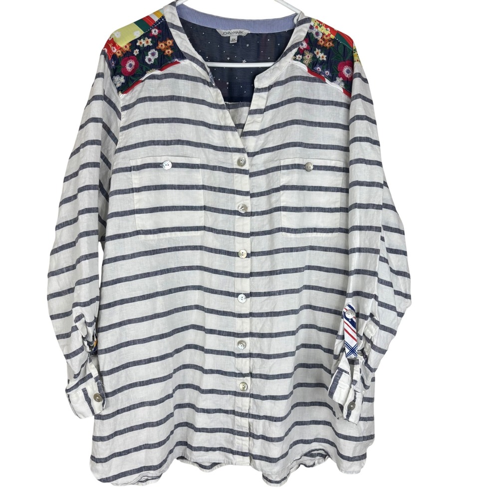 John Mark Shirt Womens 2X White Blue Striped Linen Blend Floral Embroidered Top